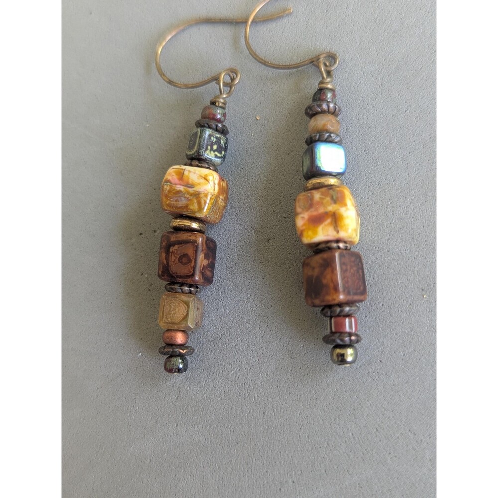 Earth Tone Beaded Dangle Earrings – Artisan Cube Bead Boho Southwestern Jewelry